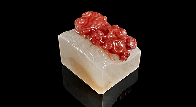 壽山石巧色桃花荔枝凍-靈芝鈕日形章